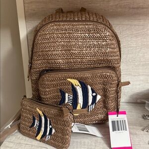 Vera Bradley Brown Woven Backpack with Fish Design